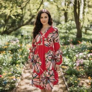 Fig & Flower Red Floral Boho Shift Dress, Size L